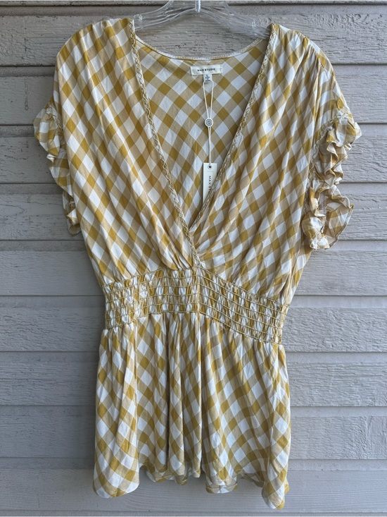 Max Studio Tops - Max Studio Yellow and Cream Checkered V-Neck Top